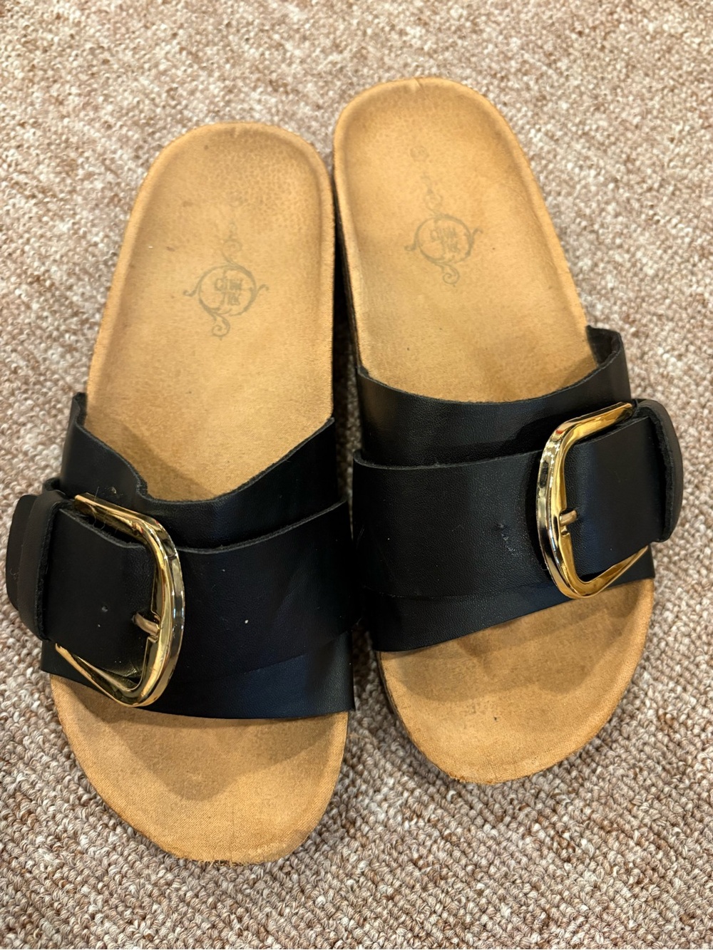 Black Slide Sandals with Gold Buckles